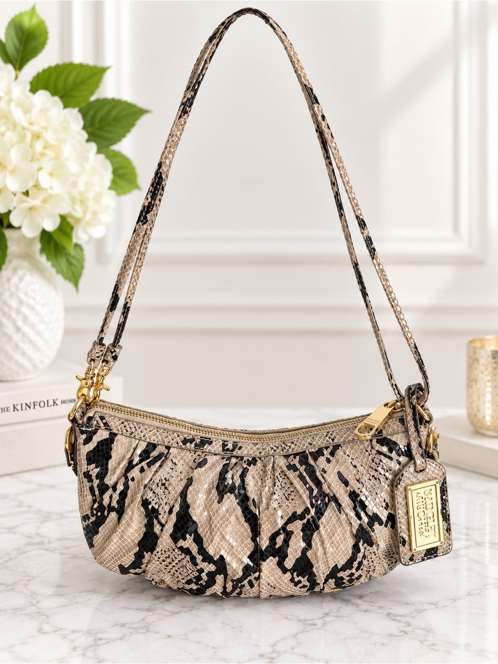 Badgley Mischka Snakeskin Leather Shoulder Bag Ruched Y2K Baguett